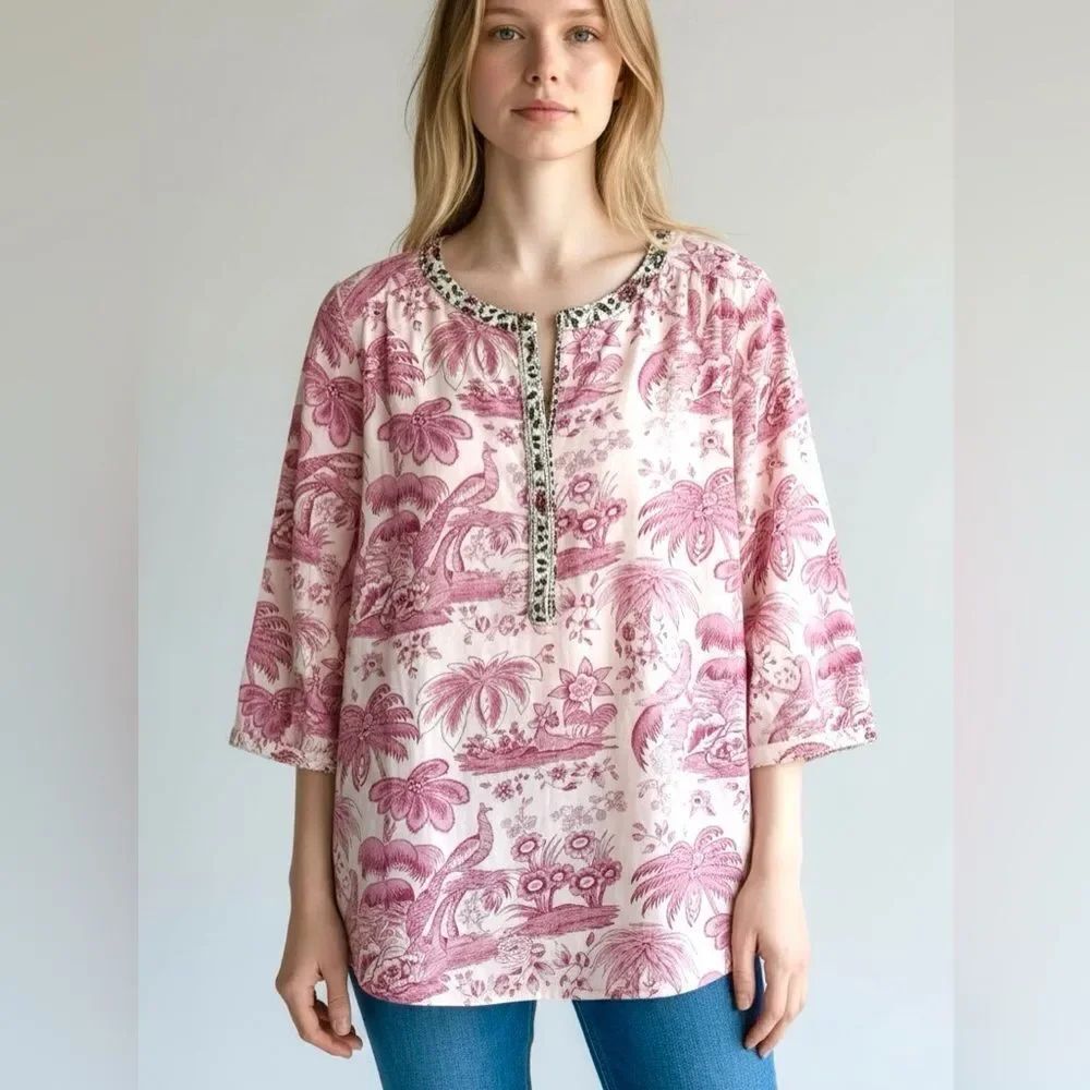 Maison Scotch Summer Henley Top Blouse Cotton Lightweight Pink Tropical Print S